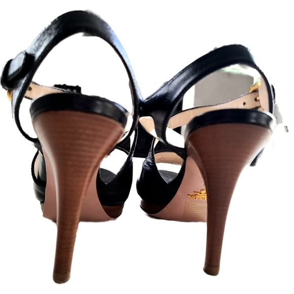 PRADA Black Leather Platform Stacked Wood Heel With Gold Buckle Ankle Strap 36 - Picture 2 of 12